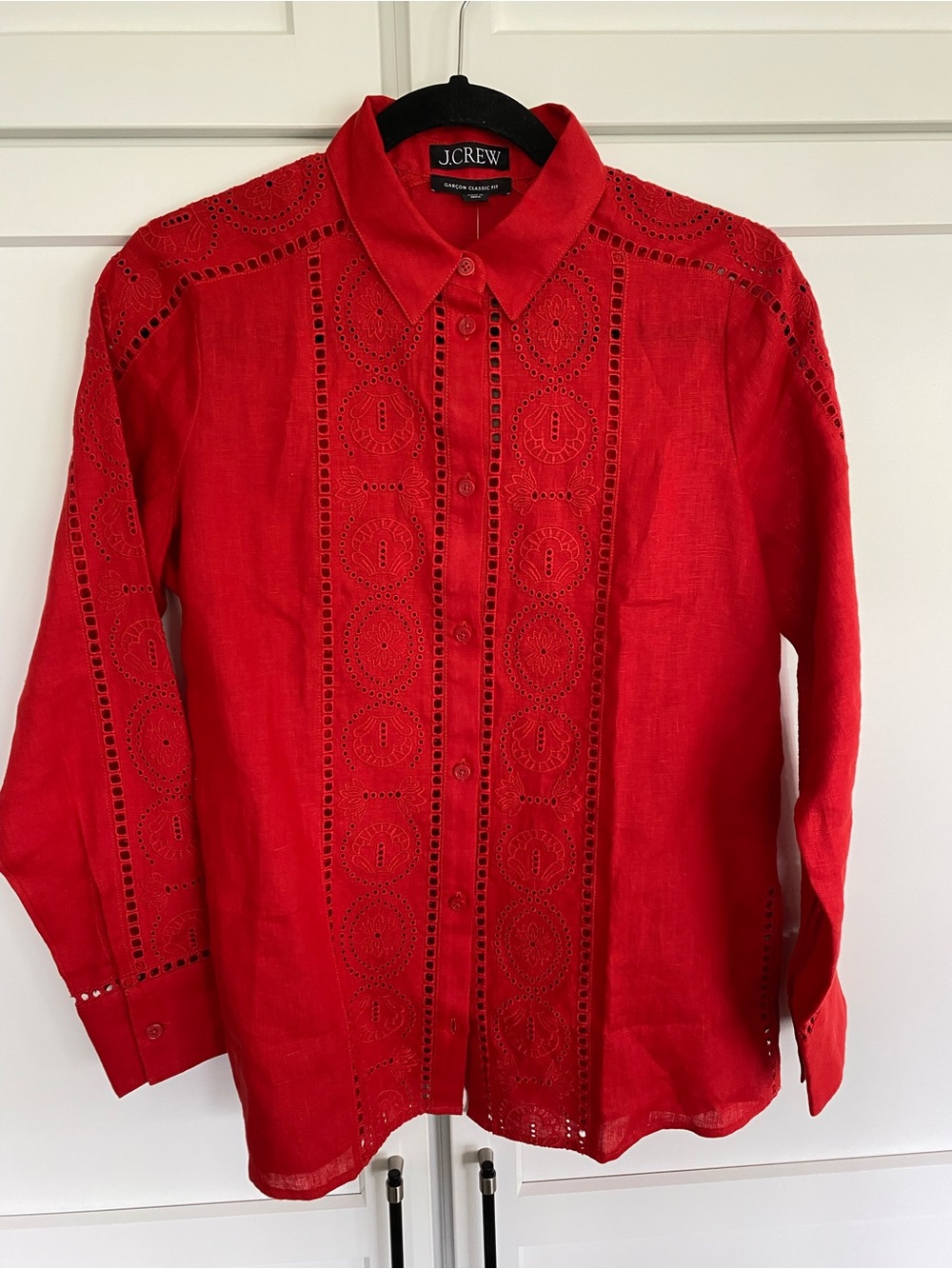 J. Crew Red Eyelet Linen Button-Down Blouse